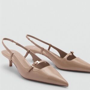 Tan Slingback Kitten Heels with Buckle Detail